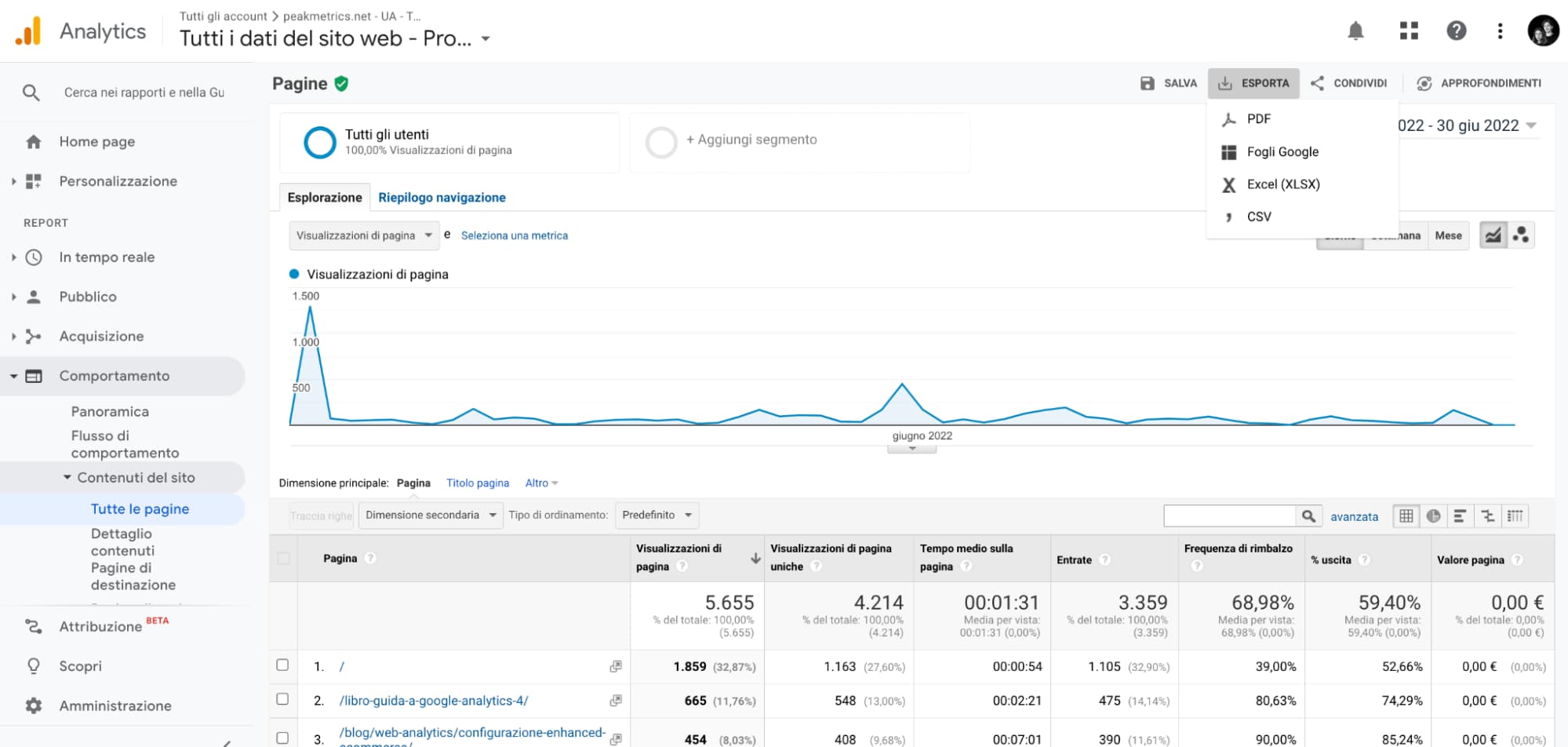 Pagine del sito in GA3