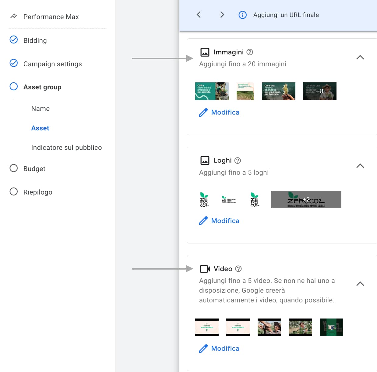 immagini e video nell'asset group performance max