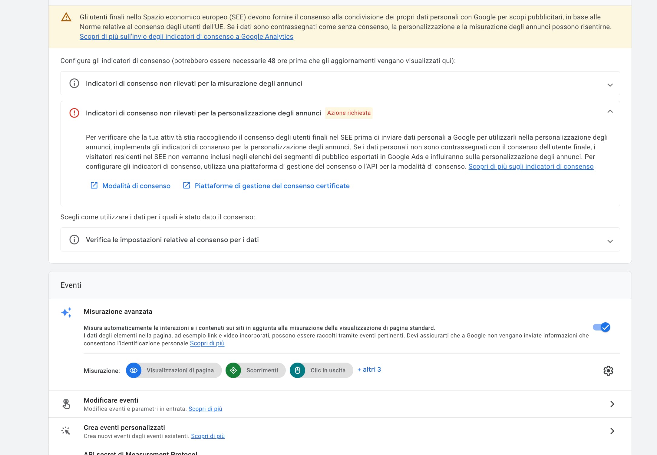 Per verificare che la tua attività stia raccogliendo il consenso degli utenti finali nel SEE prima di inviare dati personali a Google per utilizzarli nella personalizzazione degli annunci, implementa gli indicatori di consenso per la personalizzazione degli annunci. Se i dati personali non sono contrassegnati con il consenso dell'utente finale, i visitatori residenti nel SEE non verranno inclusi negli elenchi dei segmenti di pubblico esportati in Google Ads e influiranno sulla personalizzazione degli annunci. Per configurare gli indicatori di consenso, utilizza una piattaforma di gestione del consenso o l'API per la modalità di consenso.
